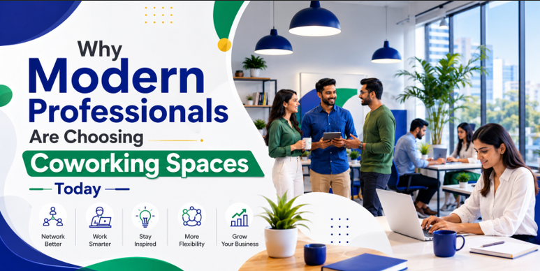 Modern coworking office with open workstations, lounge seating, indoor plants, and a professional workspace designed for flexibility and collaboration.